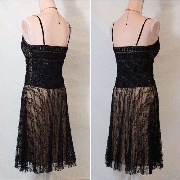 Sue Wong Y2K Black Gold Floral Crochet Lace Tank Midi Slip Dress Size 8 - Picture 15 of 17
